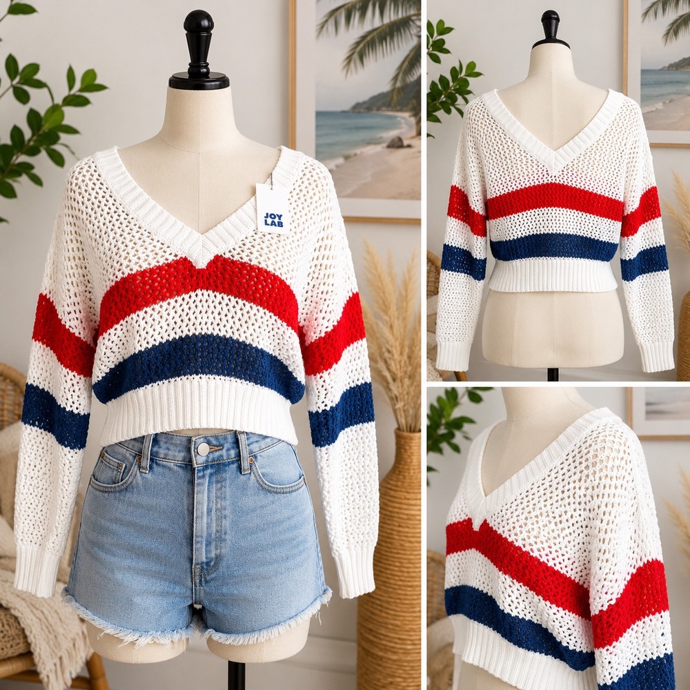 JoyLab Women XS Cropped Knit Sweater Red White Blue Striped V-Neck Crochet
